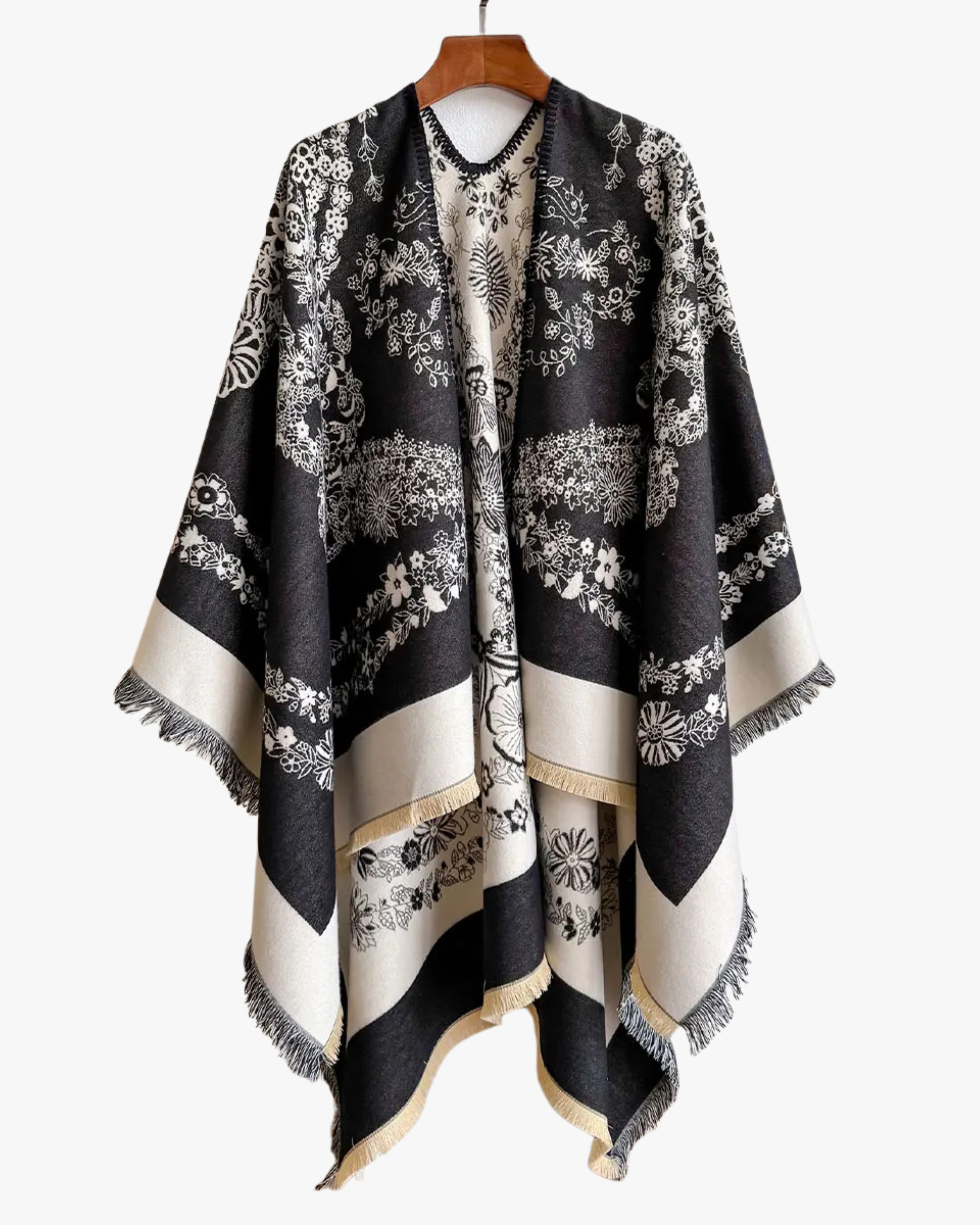 Poncho réversible effet cachemire à motif floral - Noir