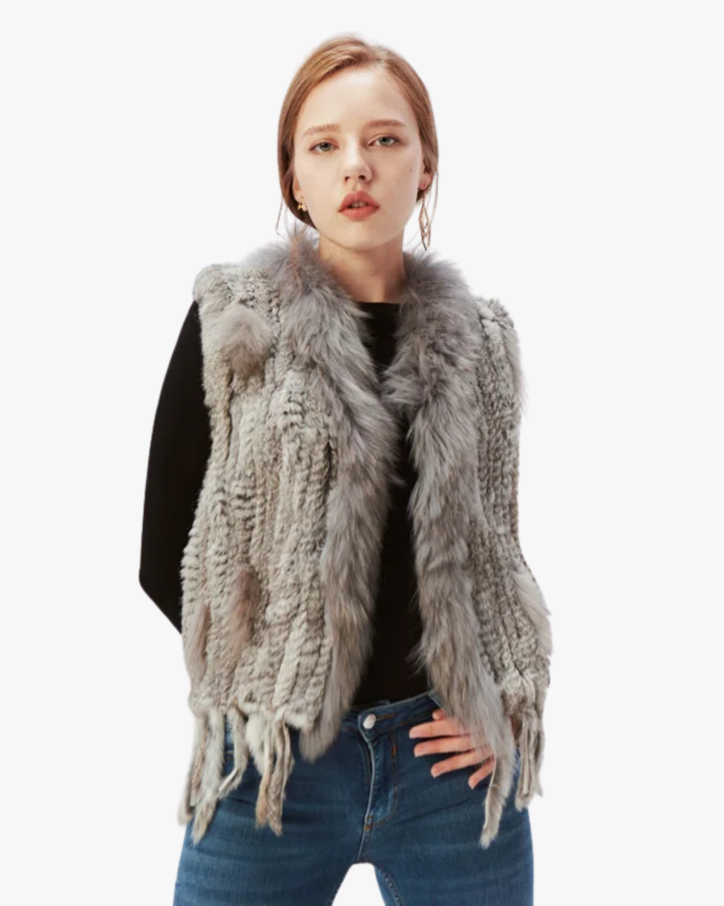 Gilet en véritable fourrure de lapin - Gris