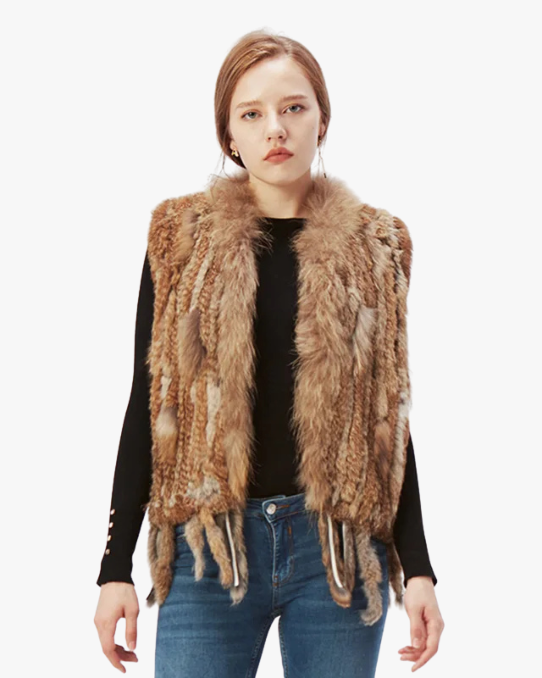 Gilet en véritable fourrure de lapin - Brun doré