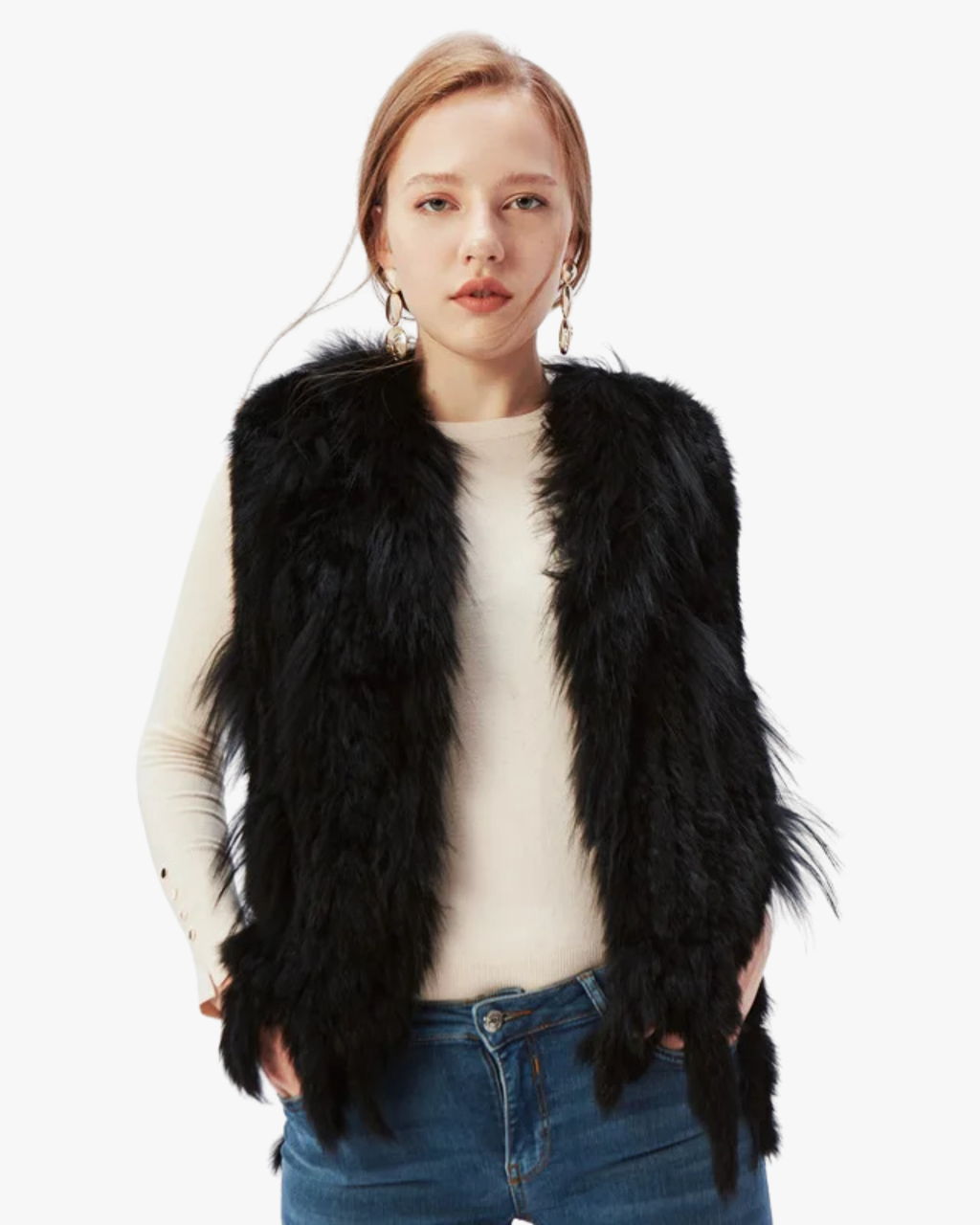 Gilet en véritable fourrure de lapin - Noir