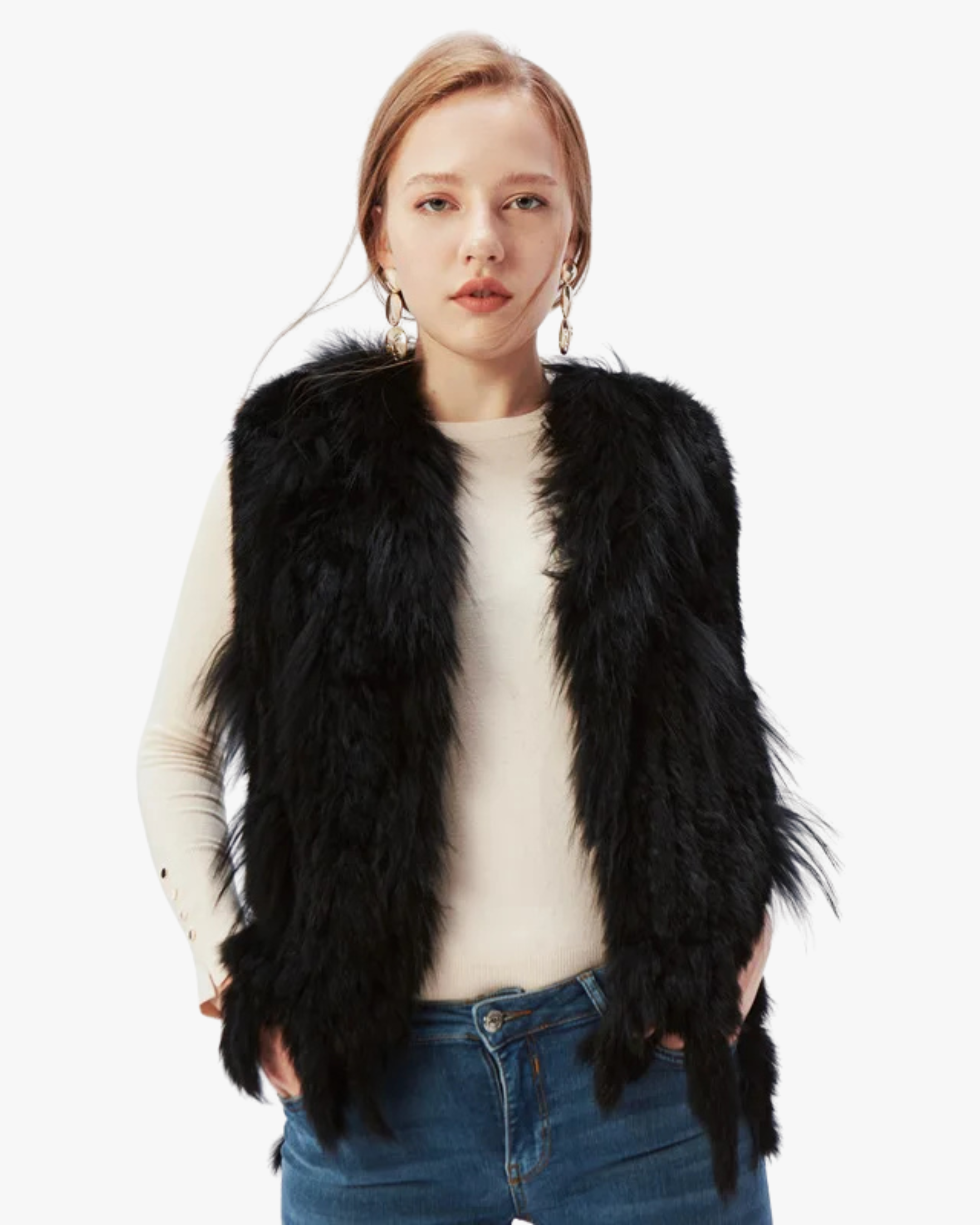 Gilet en véritable fourrure de lapin - Noir