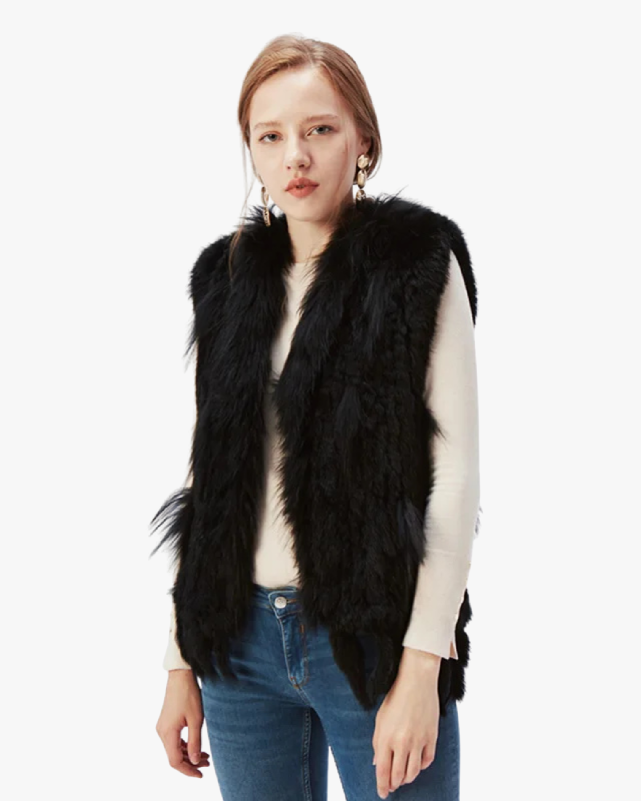 Gilet en véritable fourrure de lapin - Noir