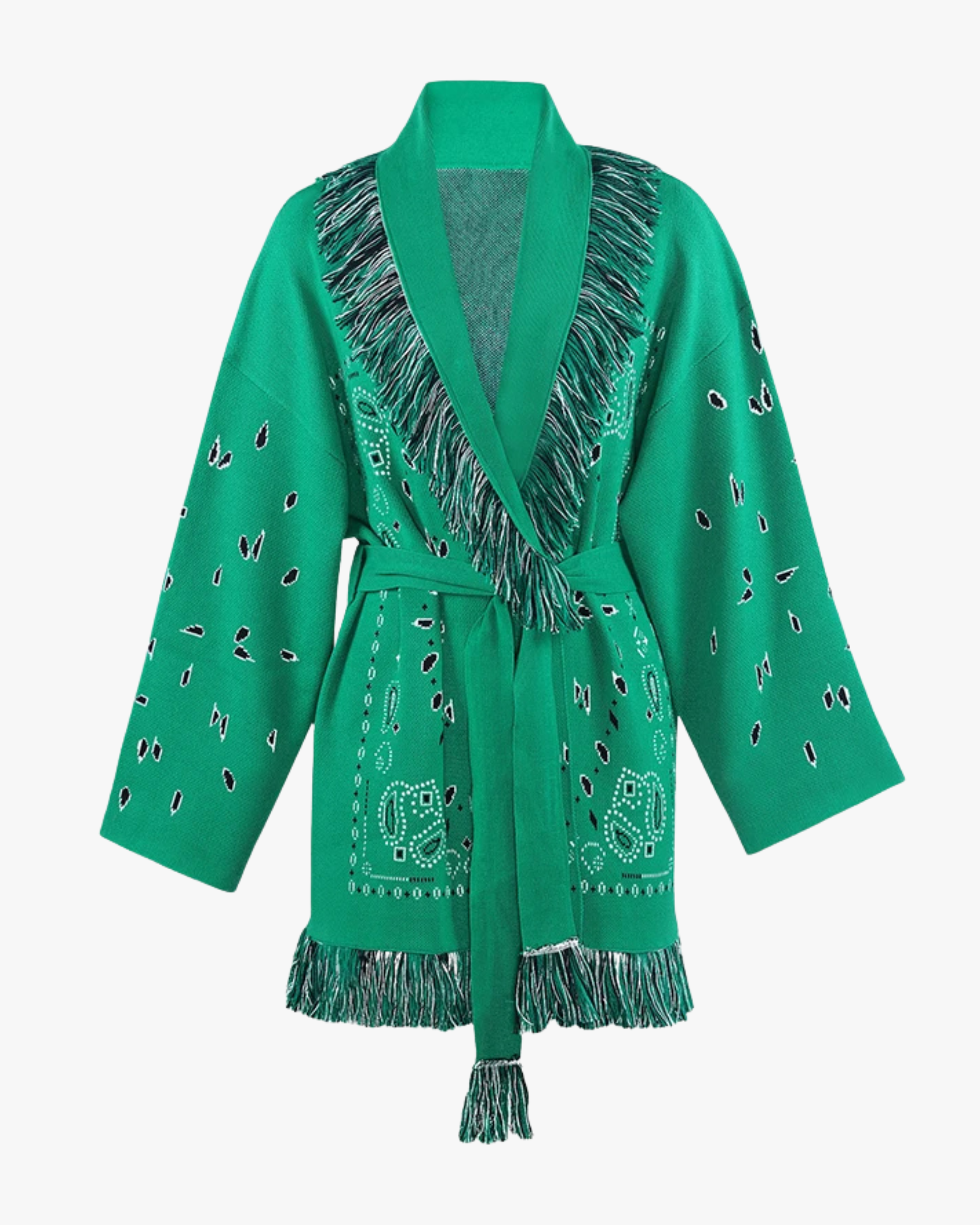 Cardigan long jacquard à franges – vert