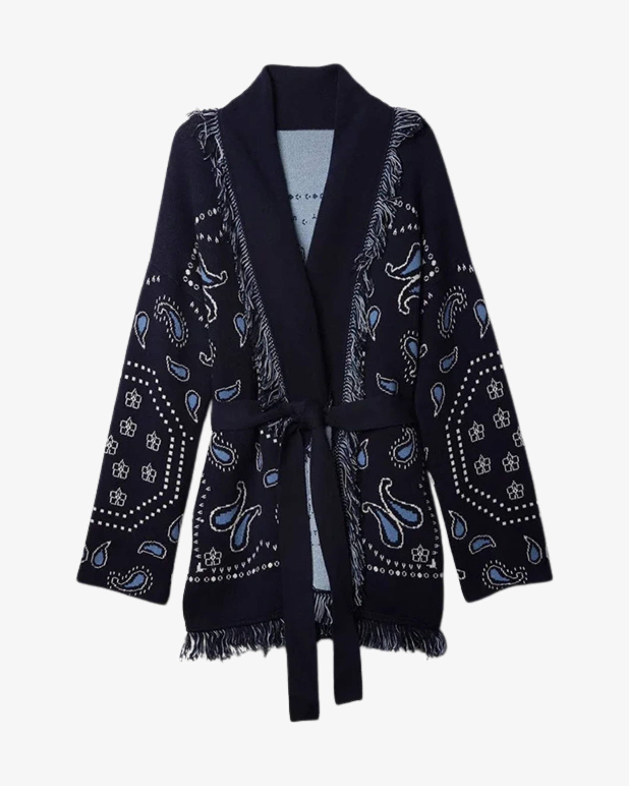 Cardigan long jacquard à franges – bleu nuit