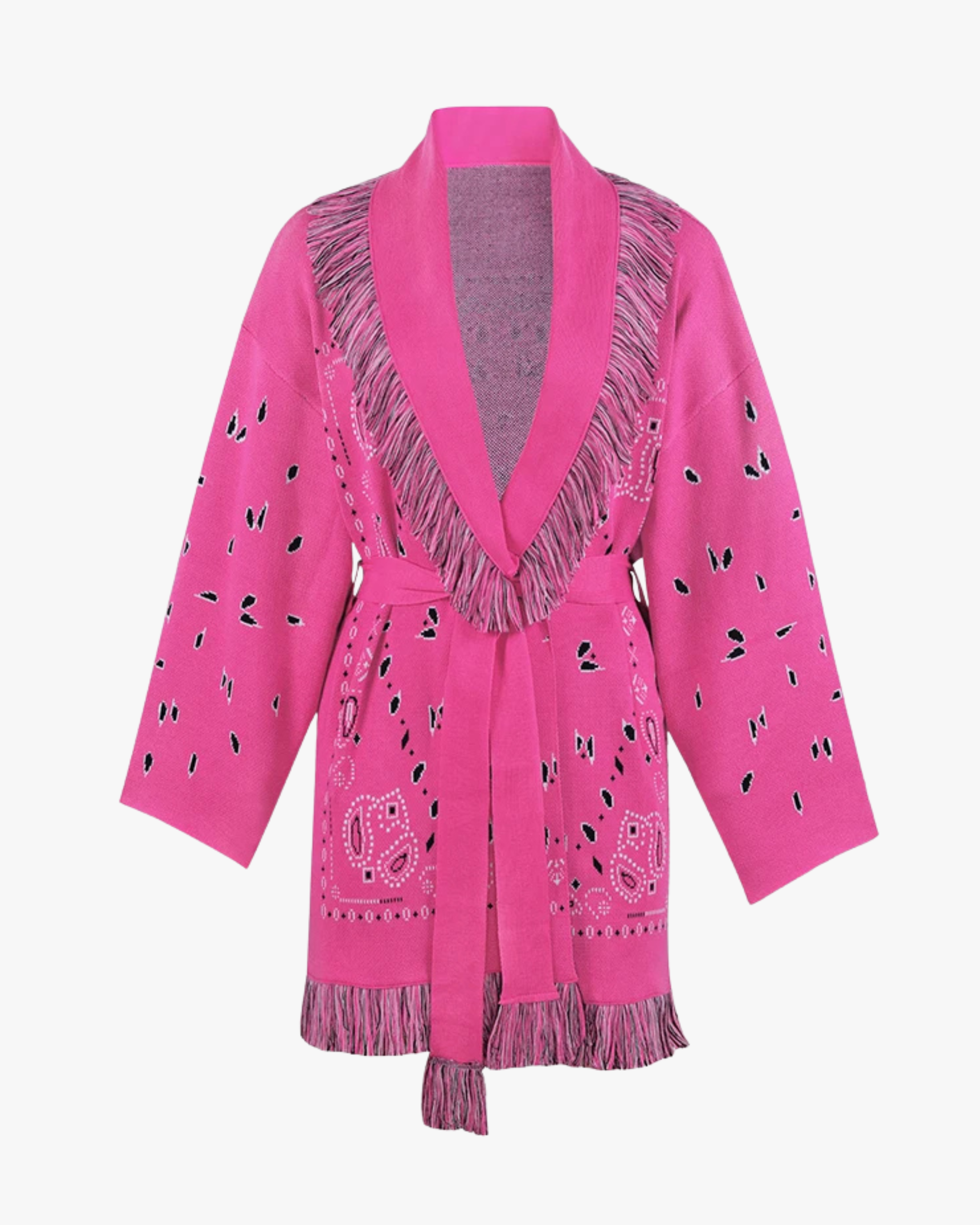 Cardigan long jacquard à franges – Rose