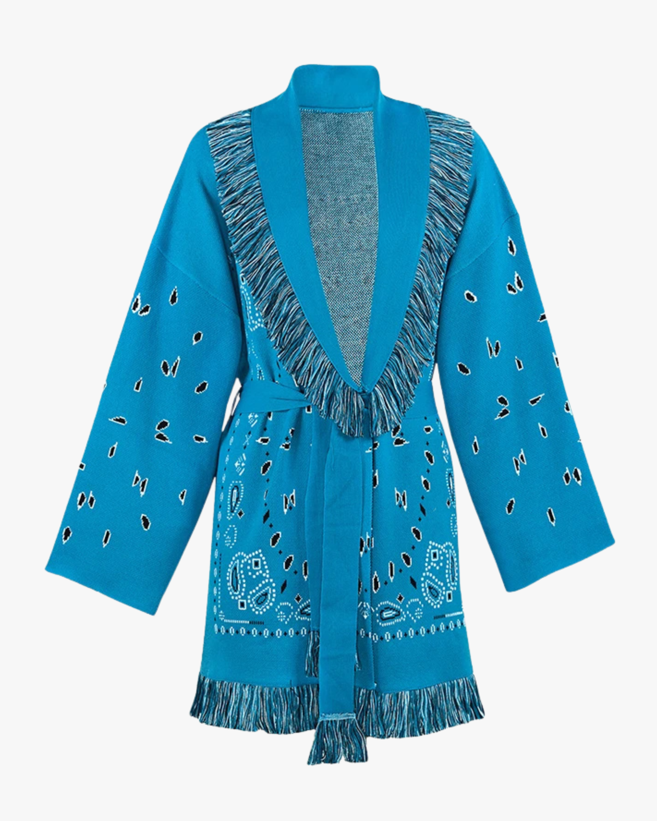 Cardigan long jacquard à franges – bleu ciel