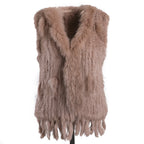 BOONJOVIA Women's 100% Real Rabbit Fur Knitted Vest Raccoon Fur Trim Collar Gilet Lady Fashion Waistcoat For Autumn Winter
