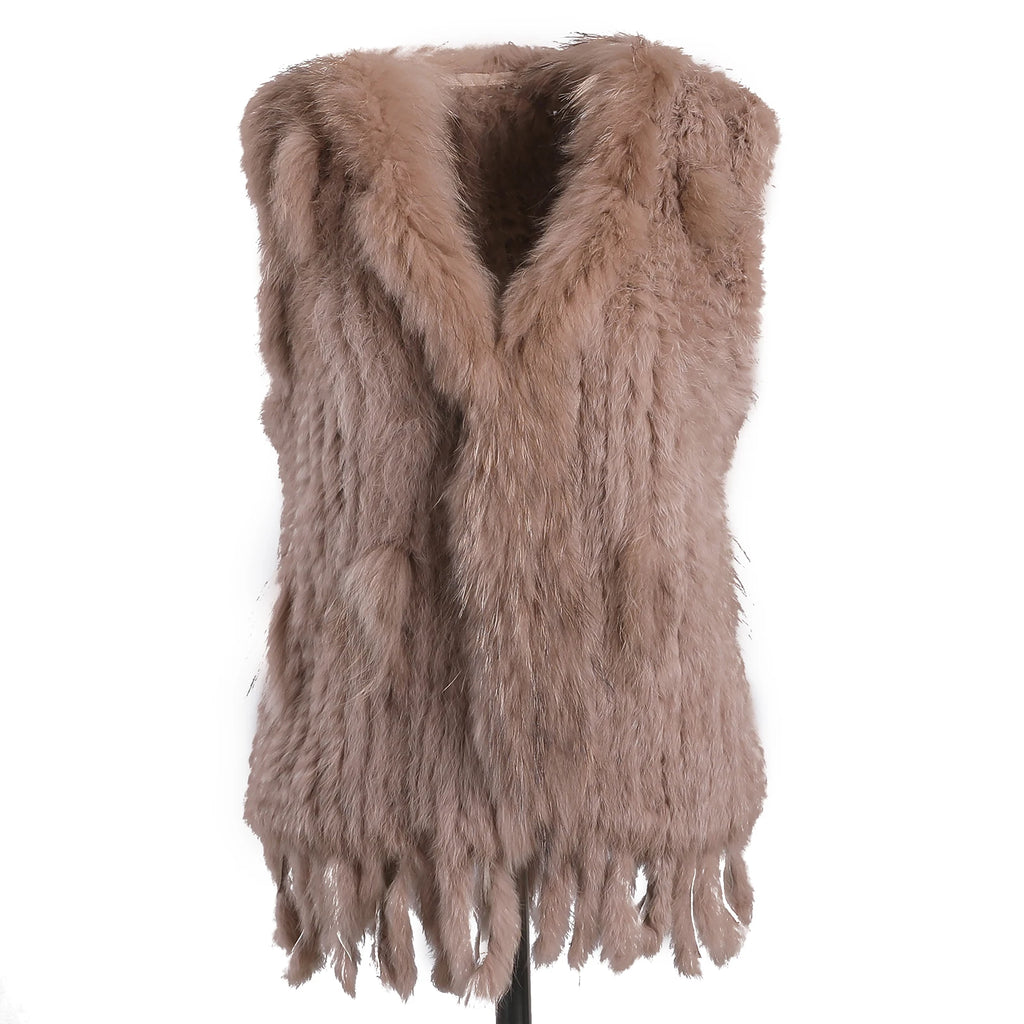 BOONJOVIA Women's 100% Real Rabbit Fur Knitted Vest Raccoon Fur Trim Collar Gilet Lady Fashion Waistcoat For Autumn Winter