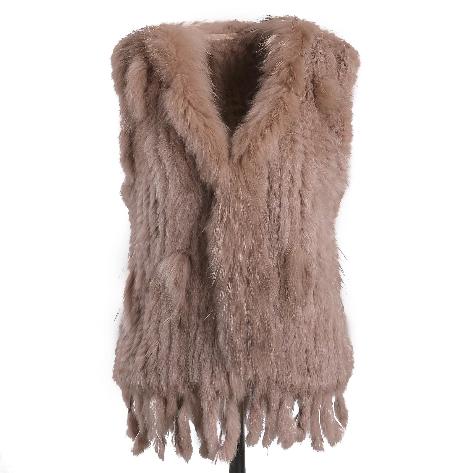 BOONJOVIA Women's 100% Real Rabbit Fur Knitted Vest Raccoon Fur Trim Collar Gilet Lady Fashion Waistcoat For Autumn Winter