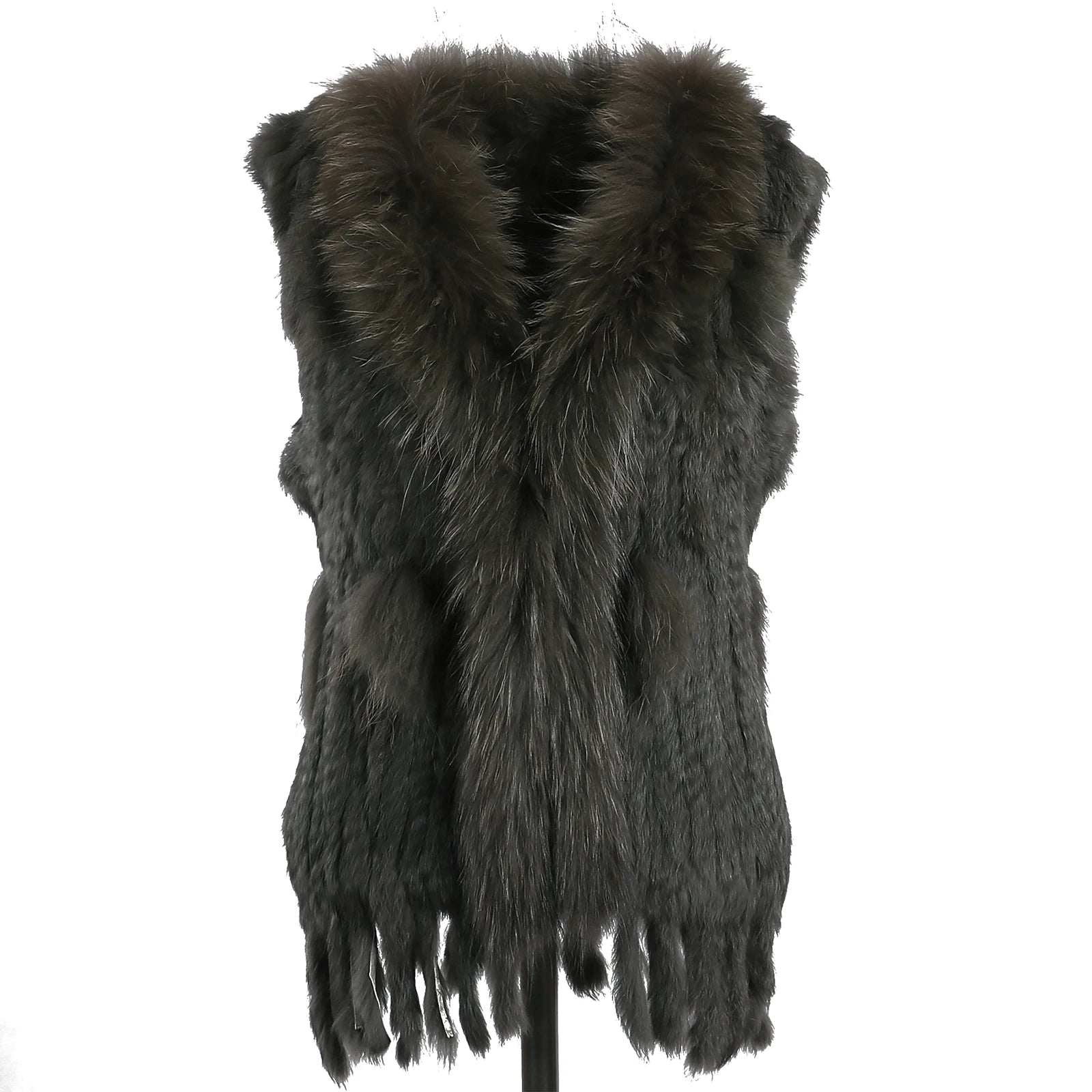 BOONJOVIA Women's 100% Real Rabbit Fur Knitted Vest Raccoon Fur Trim Collar Gilet Lady Fashion Waistcoat For Autumn Winter