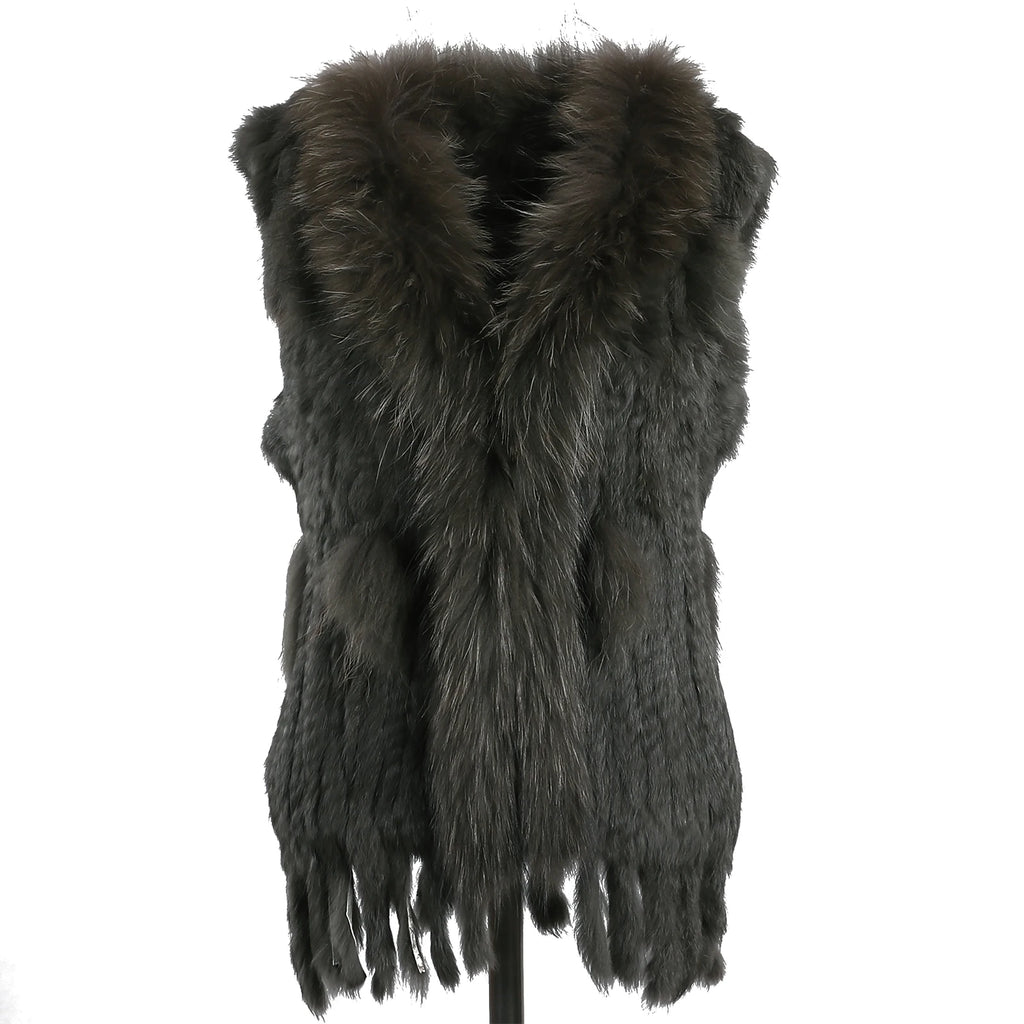 BOONJOVIA Women's 100% Real Rabbit Fur Knitted Vest Raccoon Fur Trim Collar Gilet Lady Fashion Waistcoat For Autumn Winter
