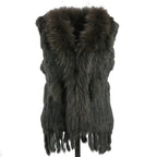 BOONJOVIA Women's 100% Real Rabbit Fur Knitted Vest Raccoon Fur Trim Collar Gilet Lady Fashion Waistcoat For Autumn Winter