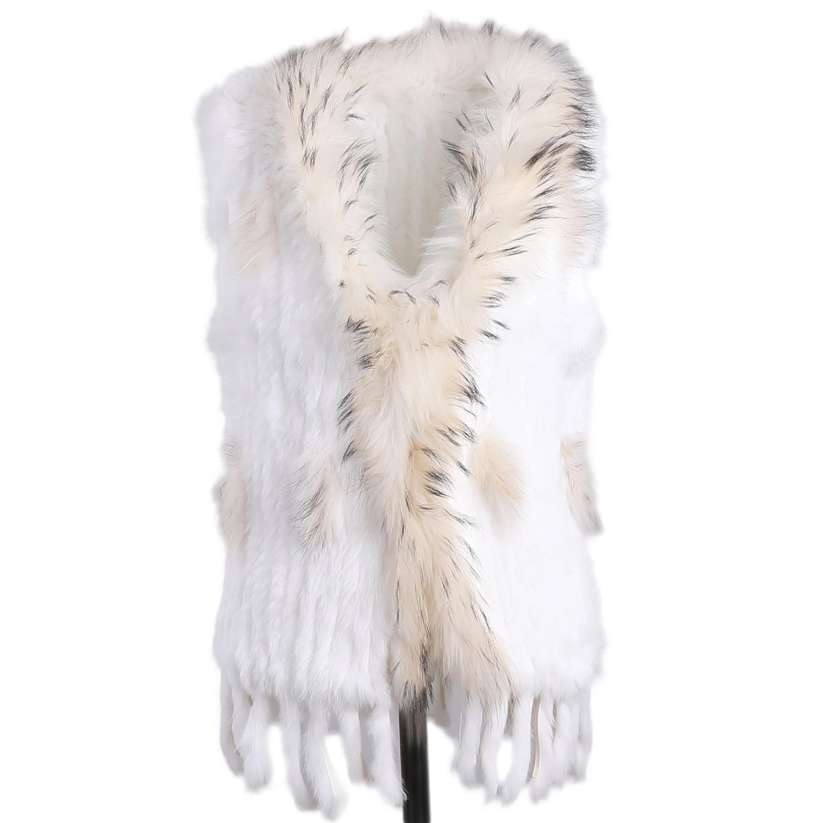 BOONJOVIA Women's 100% Real Rabbit Fur Knitted Vest Raccoon Fur Trim Collar Gilet Lady Fashion Waistcoat For Autumn Winter