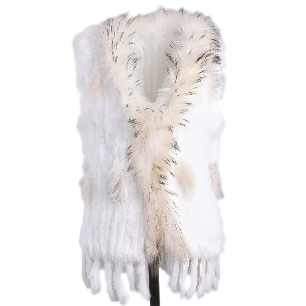 BOONJOVIA Women's 100% Real Rabbit Fur Knitted Vest Raccoon Fur Trim Collar Gilet Lady Fashion Waistcoat For Autumn Winter