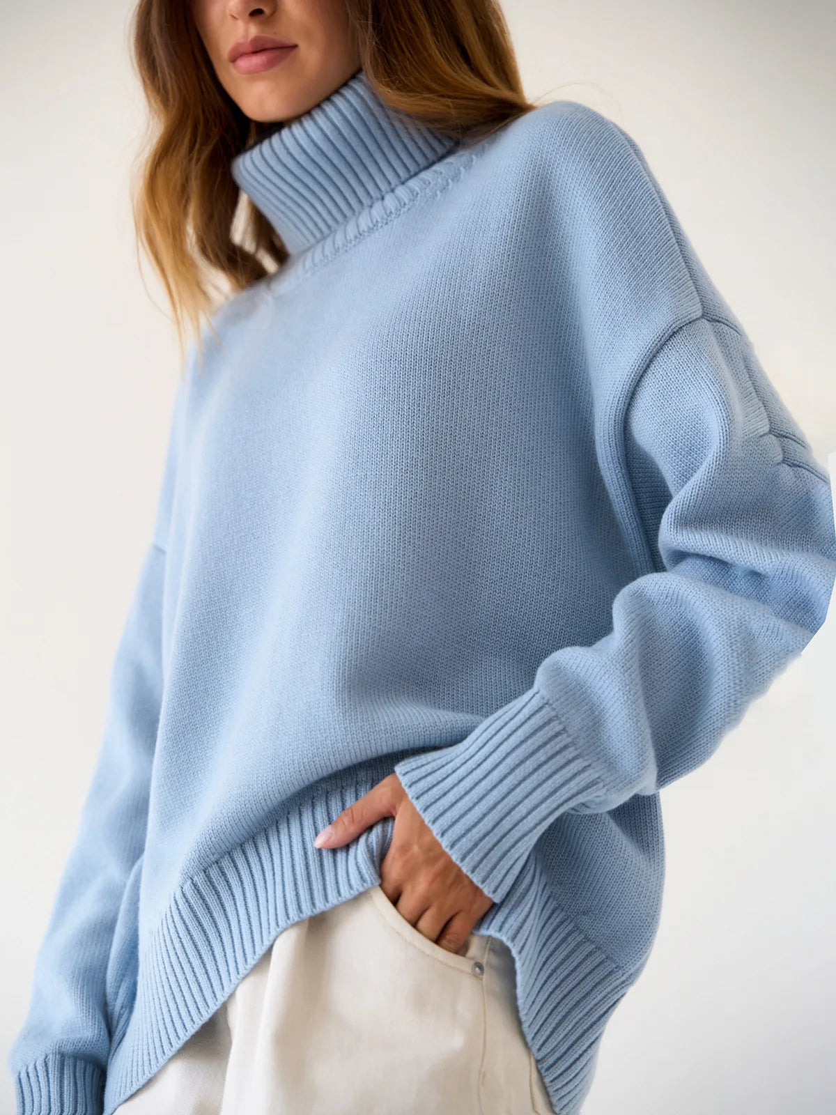 Pull col roulé oversize en maille fine - Bleu