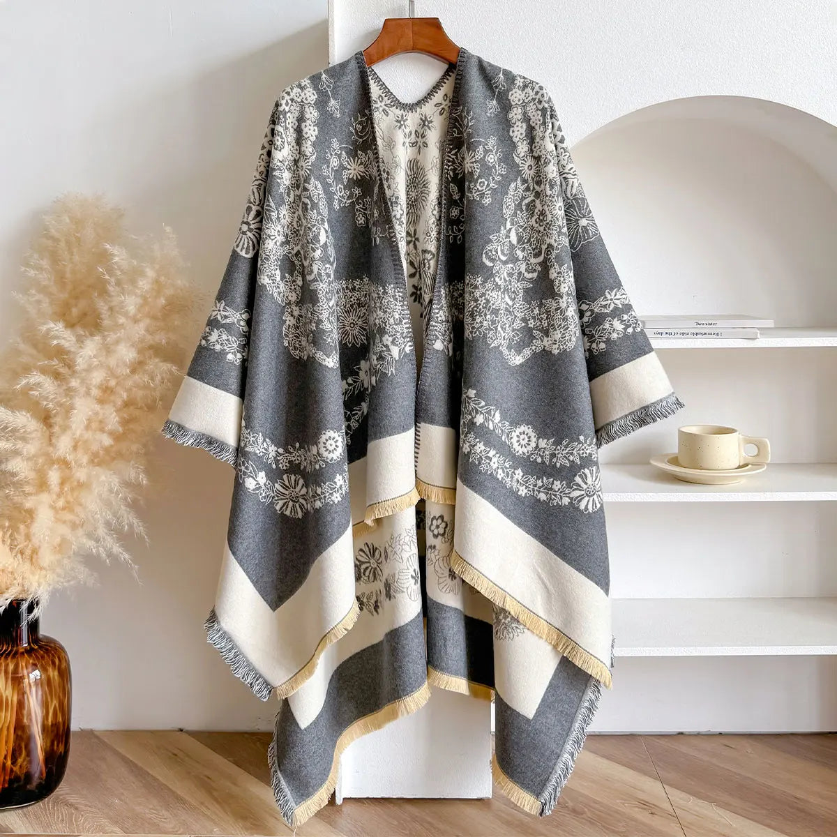 Poncho réversible effet cachemire à motif floral - Gris