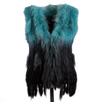 BOONJOVIA Women's 100% Real Rabbit Fur Knitted Vest Raccoon Fur Trim Collar Gilet Lady Fashion Waistcoat For Autumn Winter