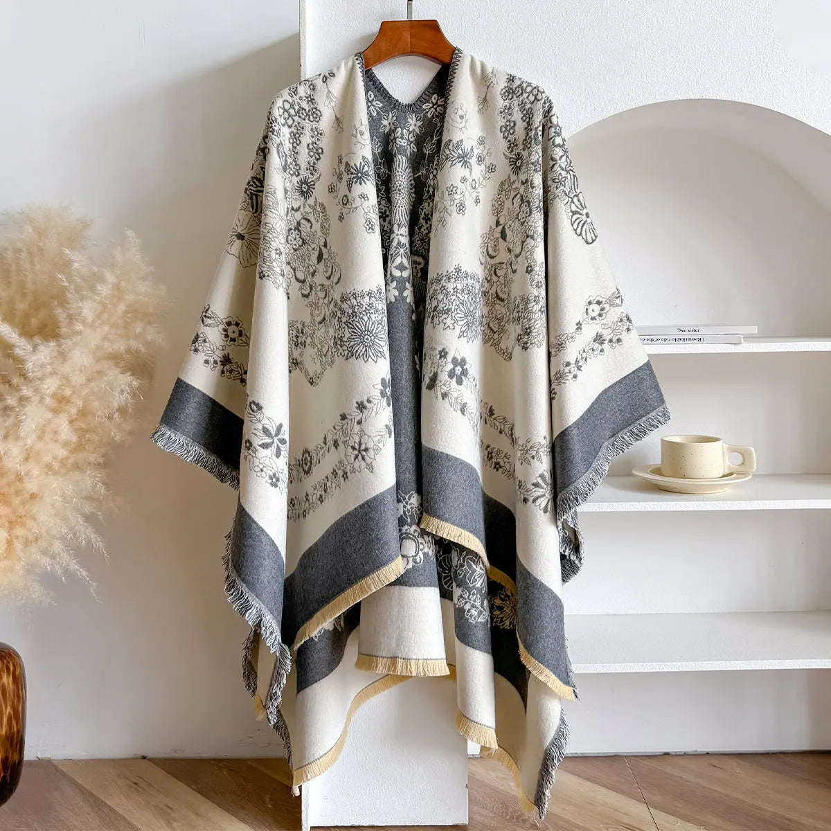 Poncho réversible effet cachemire à motif floral - Gris