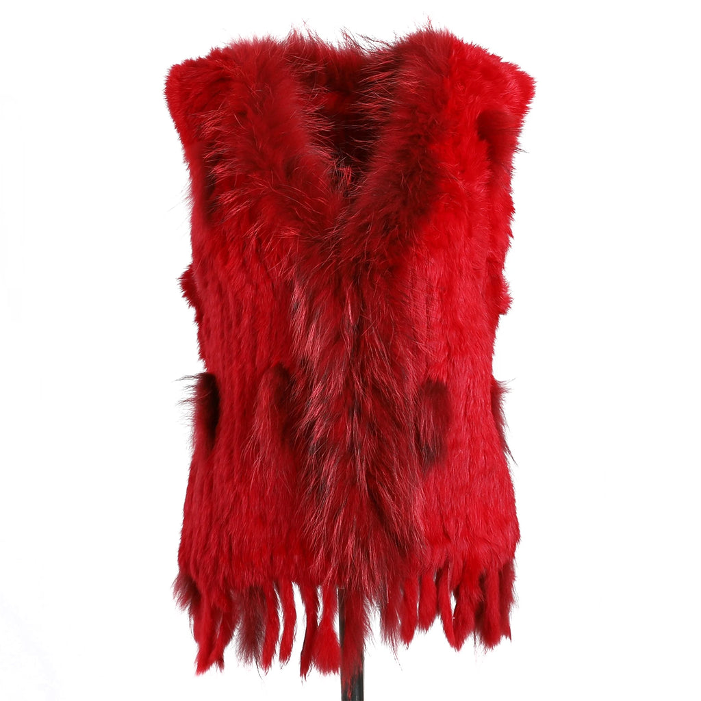 BOONJOVIA Women's 100% Real Rabbit Fur Knitted Vest Raccoon Fur Trim Collar Gilet Lady Fashion Waistcoat For Autumn Winter