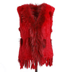 BOONJOVIA Women's 100% Real Rabbit Fur Knitted Vest Raccoon Fur Trim Collar Gilet Lady Fashion Waistcoat For Autumn Winter