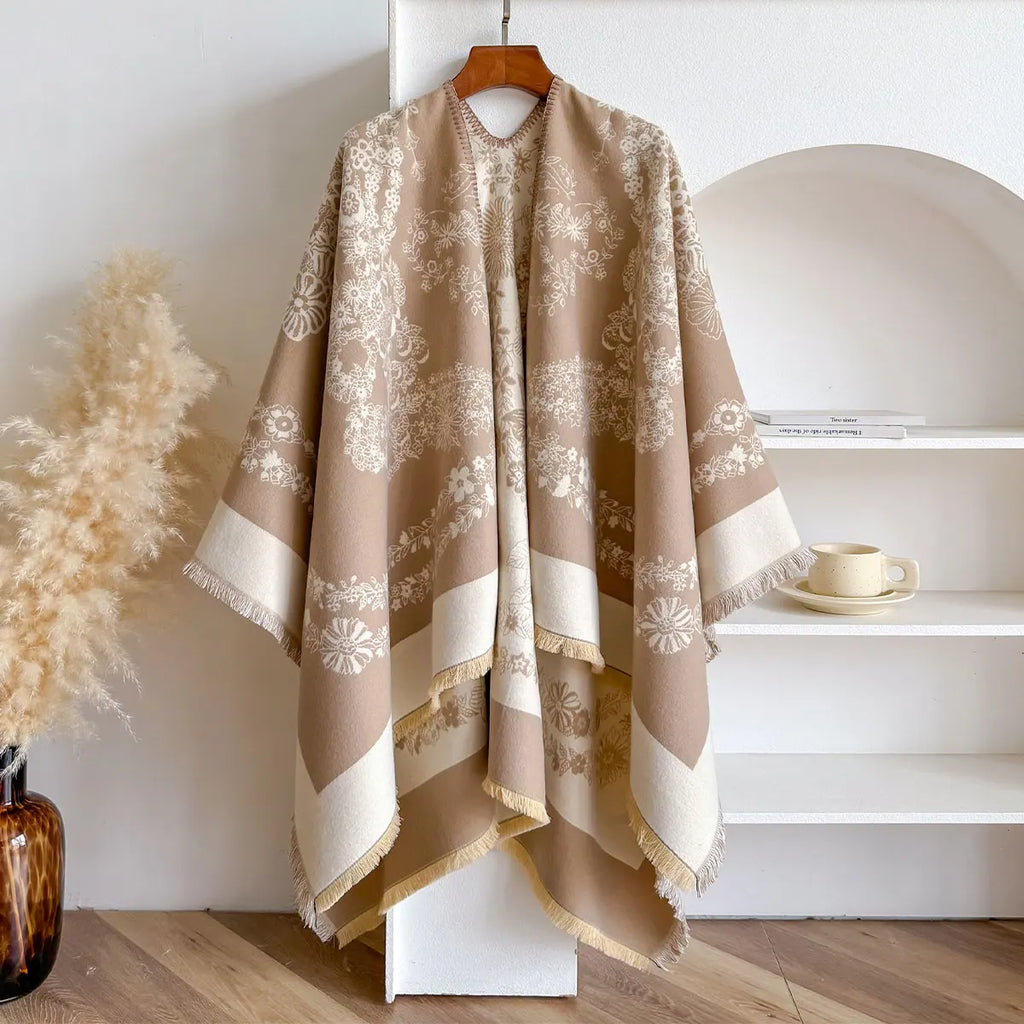 Poncho réversible effet cachemire à motif floral - Beige