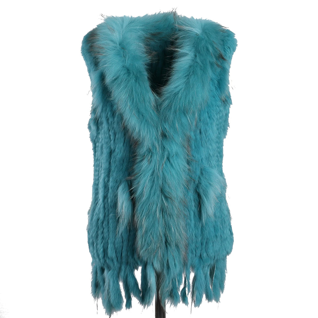 BOONJOVIA Women's 100% Real Rabbit Fur Knitted Vest Raccoon Fur Trim Collar Gilet Lady Fashion Waistcoat For Autumn Winter