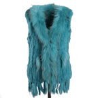 BOONJOVIA Women's 100% Real Rabbit Fur Knitted Vest Raccoon Fur Trim Collar Gilet Lady Fashion Waistcoat For Autumn Winter