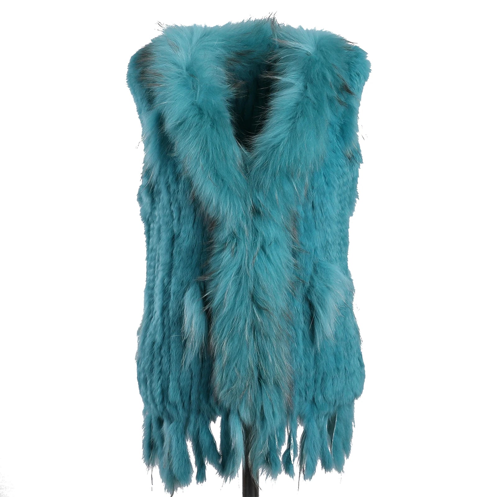 BOONJOVIA Women's 100% Real Rabbit Fur Knitted Vest Raccoon Fur Trim Collar Gilet Lady Fashion Waistcoat For Autumn Winter