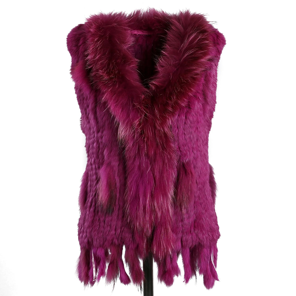 BOONJOVIA Women's 100% Real Rabbit Fur Knitted Vest Raccoon Fur Trim Collar Gilet Lady Fashion Waistcoat For Autumn Winter