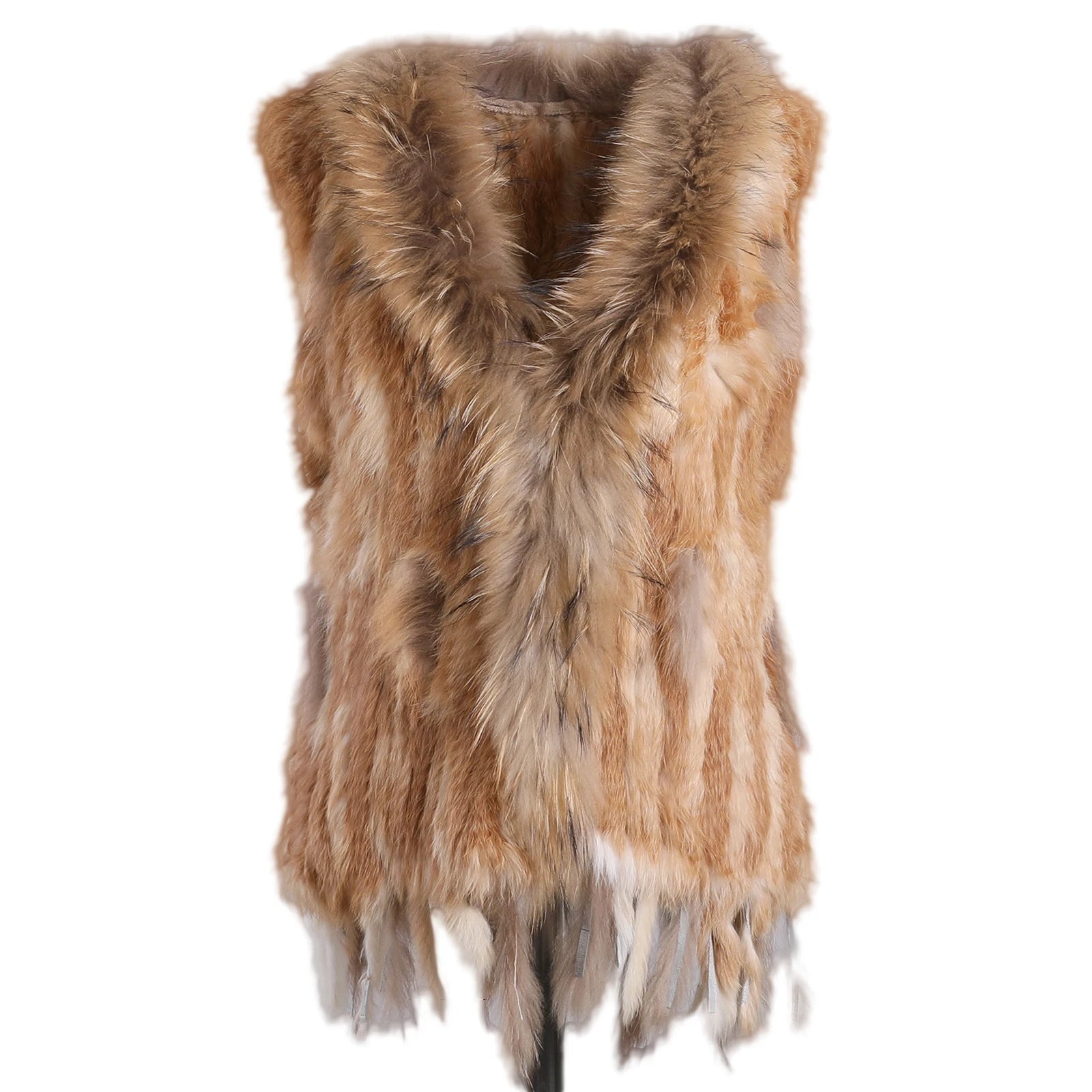 BOONJOVIA Women's 100% Real Rabbit Fur Knitted Vest Raccoon Fur Trim Collar Gilet Lady Fashion Waistcoat For Autumn Winter