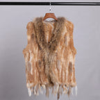 BOONJOVIA Women's 100% Real Rabbit Fur Knitted Vest Raccoon Fur Trim Collar Gilet Lady Fashion Waistcoat For Autumn Winter