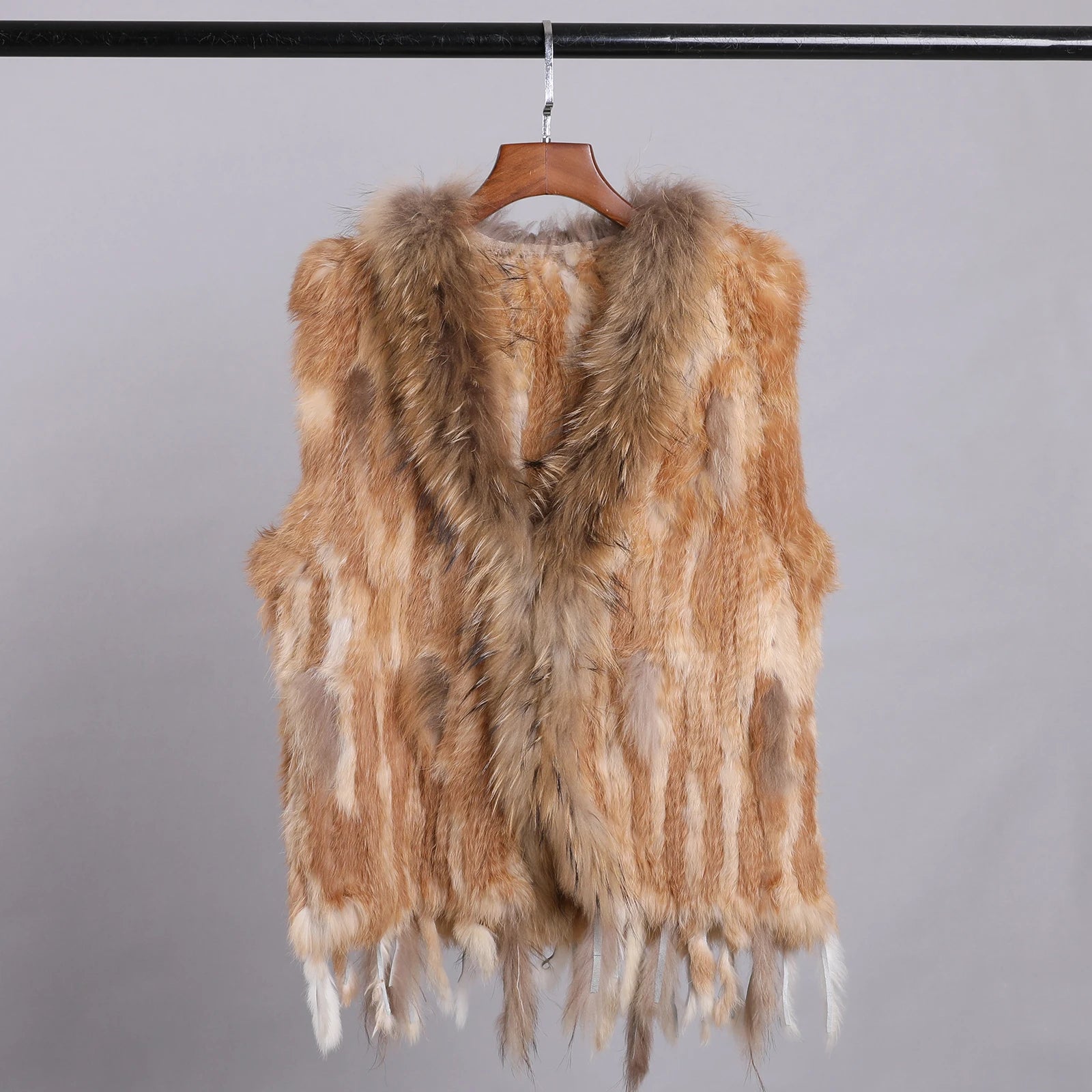 BOONJOVIA Women's 100% Real Rabbit Fur Knitted Vest Raccoon Fur Trim Collar Gilet Lady Fashion Waistcoat For Autumn Winter
