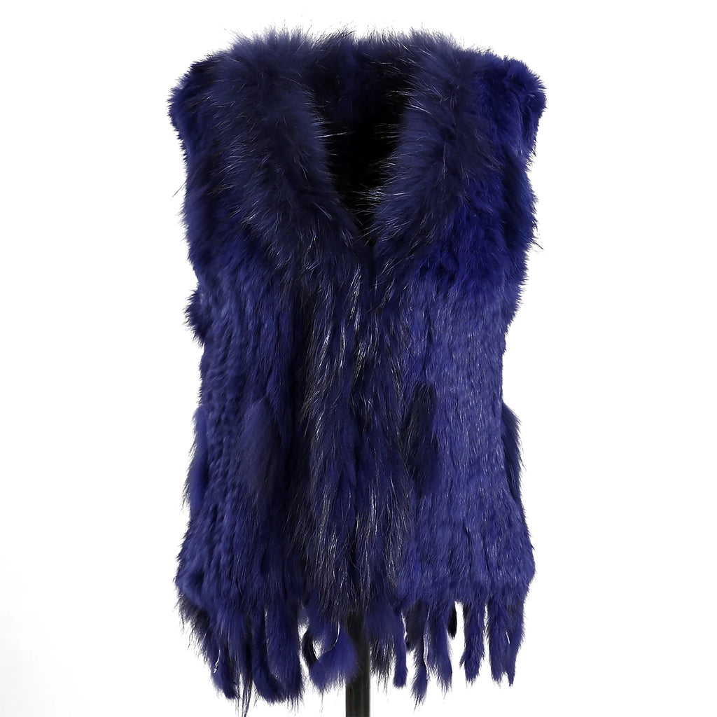BOONJOVIA Women's 100% Real Rabbit Fur Knitted Vest Raccoon Fur Trim Collar Gilet Lady Fashion Waistcoat For Autumn Winter
