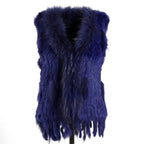 BOONJOVIA Women's 100% Real Rabbit Fur Knitted Vest Raccoon Fur Trim Collar Gilet Lady Fashion Waistcoat For Autumn Winter