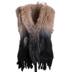 BOONJOVIA Women's 100% Real Rabbit Fur Knitted Vest Raccoon Fur Trim Collar Gilet Lady Fashion Waistcoat For Autumn Winter