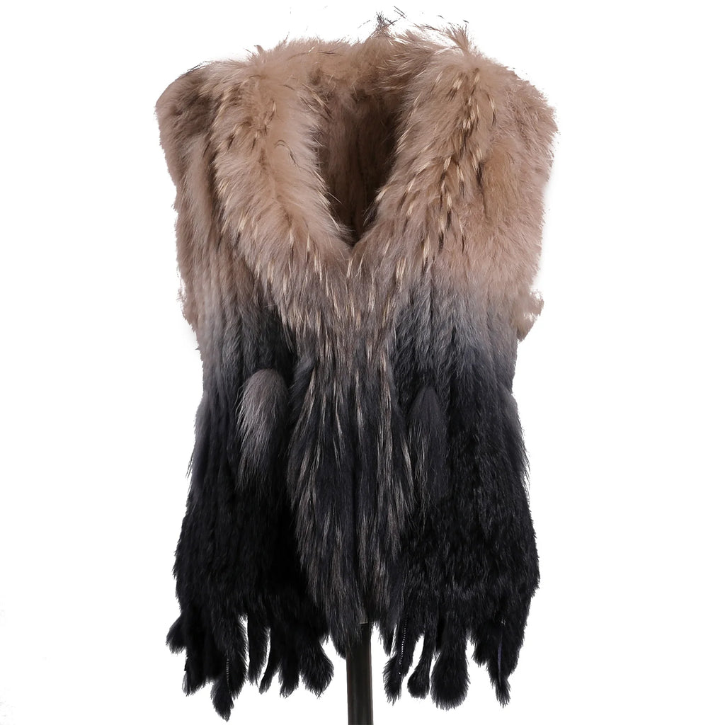 BOONJOVIA Women's 100% Real Rabbit Fur Knitted Vest Raccoon Fur Trim Collar Gilet Lady Fashion Waistcoat For Autumn Winter