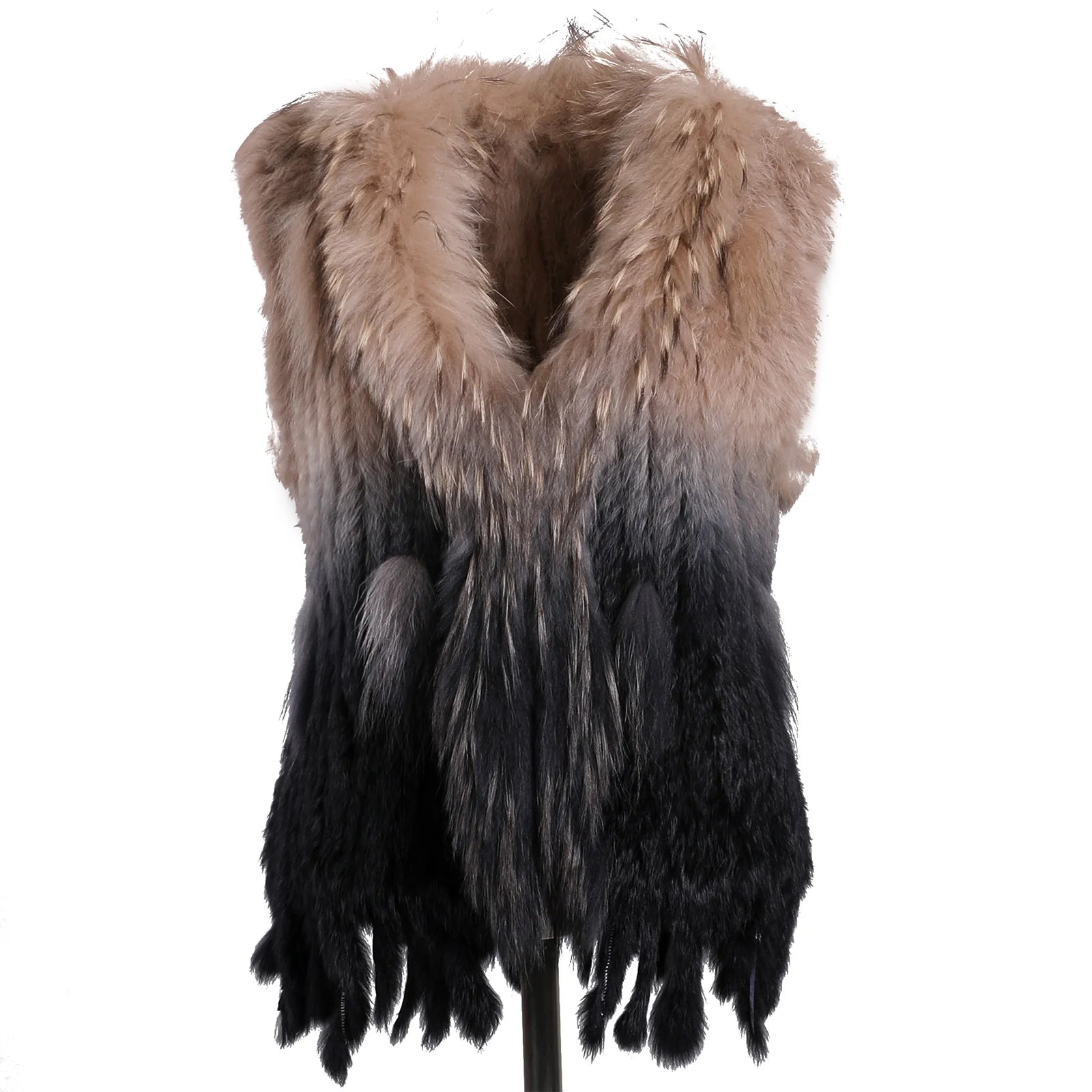 BOONJOVIA Women's 100% Real Rabbit Fur Knitted Vest Raccoon Fur Trim Collar Gilet Lady Fashion Waistcoat For Autumn Winter