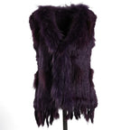 BOONJOVIA Women's 100% Real Rabbit Fur Knitted Vest Raccoon Fur Trim Collar Gilet Lady Fashion Waistcoat For Autumn Winter