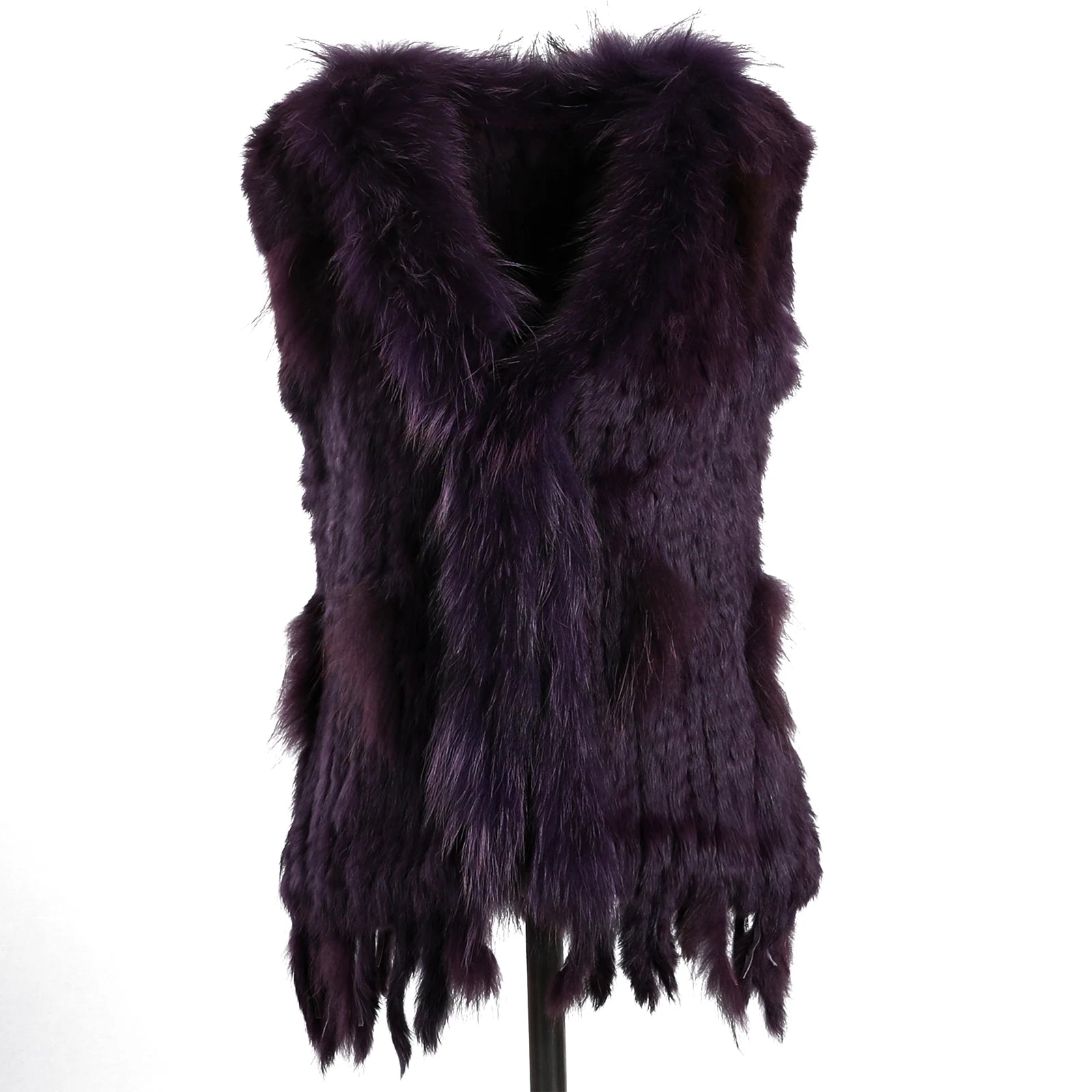 BOONJOVIA Women's 100% Real Rabbit Fur Knitted Vest Raccoon Fur Trim Collar Gilet Lady Fashion Waistcoat For Autumn Winter