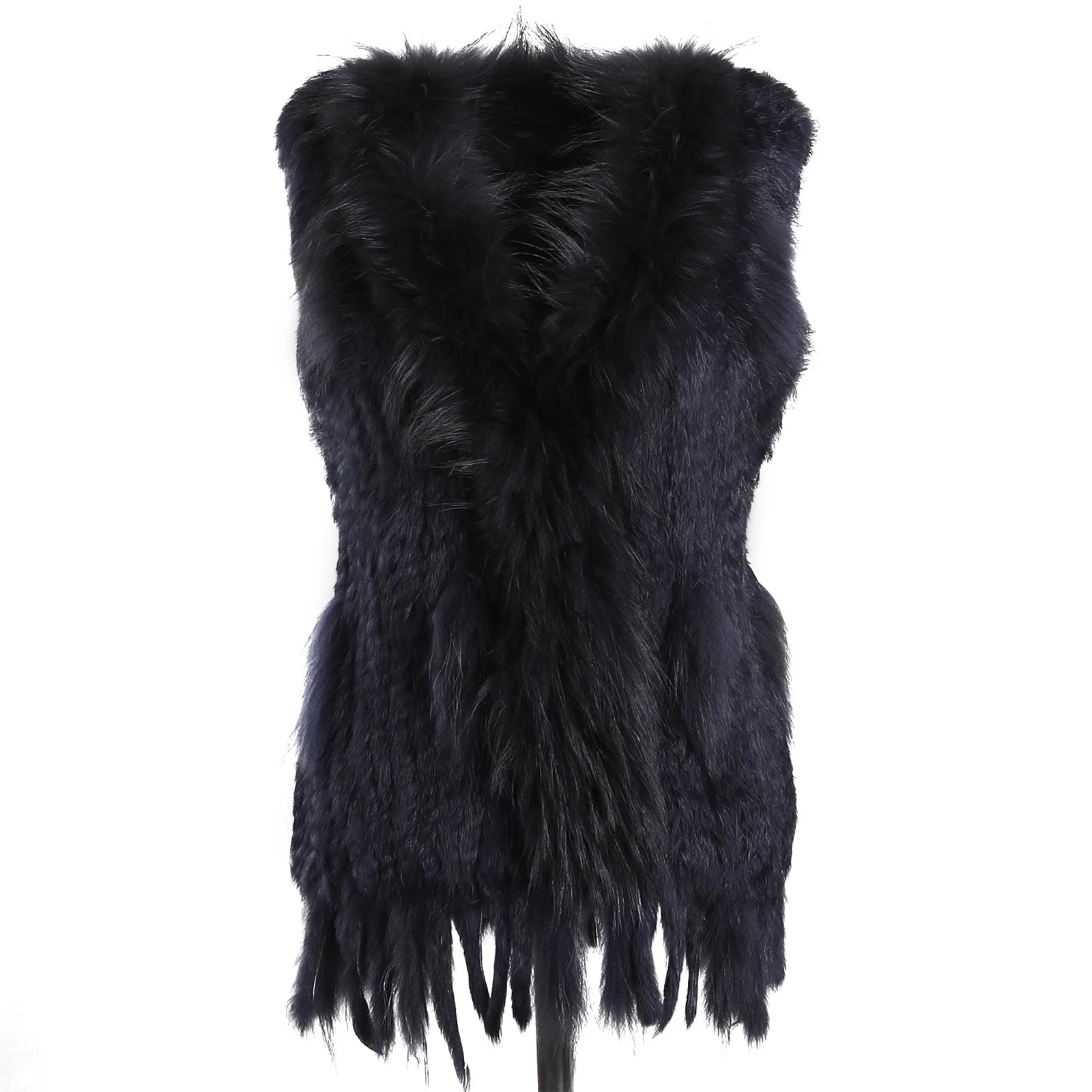 BOONJOVIA Women's 100% Real Rabbit Fur Knitted Vest Raccoon Fur Trim Collar Gilet Lady Fashion Waistcoat For Autumn Winter