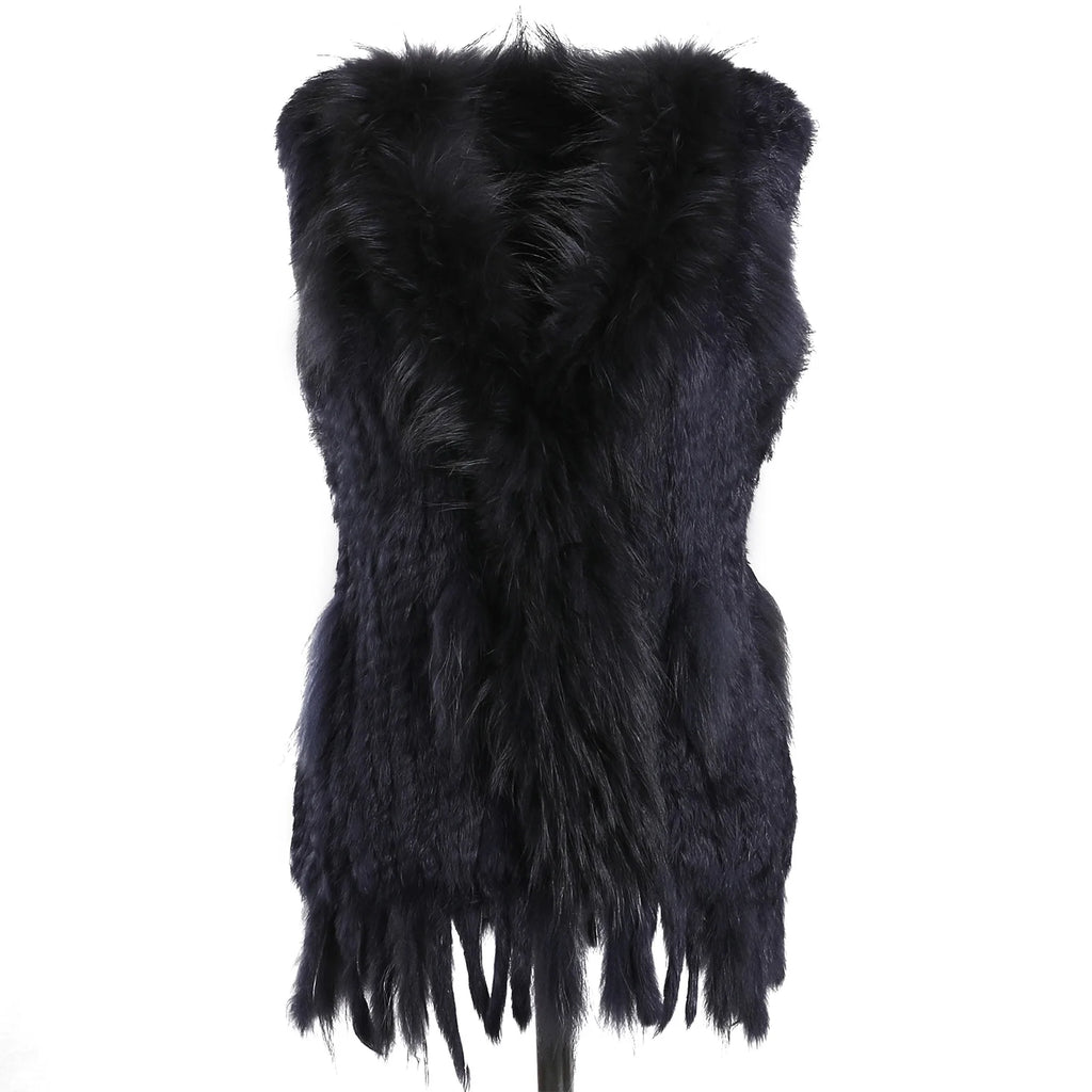 BOONJOVIA Women's 100% Real Rabbit Fur Knitted Vest Raccoon Fur Trim Collar Gilet Lady Fashion Waistcoat For Autumn Winter