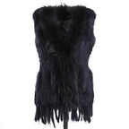 BOONJOVIA Women's 100% Real Rabbit Fur Knitted Vest Raccoon Fur Trim Collar Gilet Lady Fashion Waistcoat For Autumn Winter