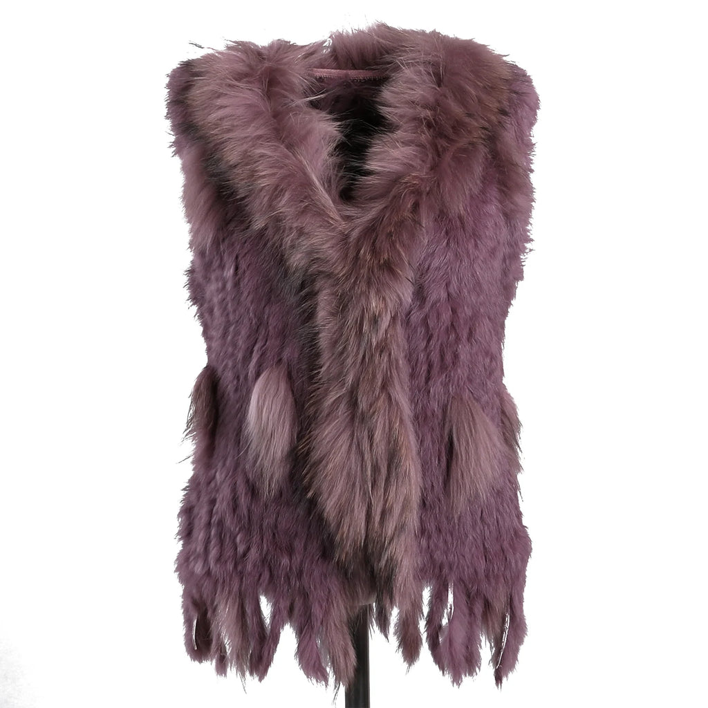 BOONJOVIA Women's 100% Real Rabbit Fur Knitted Vest Raccoon Fur Trim Collar Gilet Lady Fashion Waistcoat For Autumn Winter