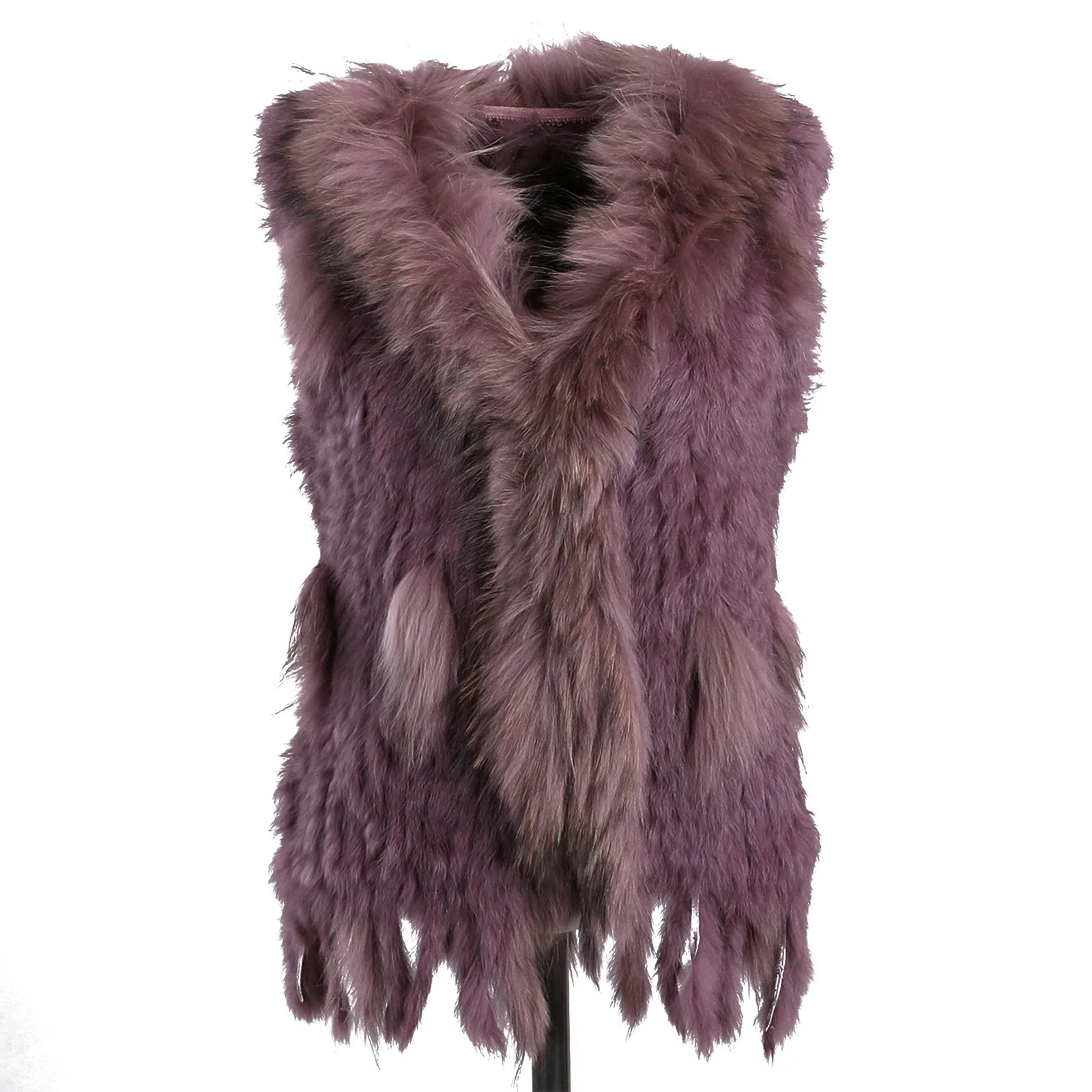 BOONJOVIA Women's 100% Real Rabbit Fur Knitted Vest Raccoon Fur Trim Collar Gilet Lady Fashion Waistcoat For Autumn Winter