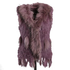 BOONJOVIA Women's 100% Real Rabbit Fur Knitted Vest Raccoon Fur Trim Collar Gilet Lady Fashion Waistcoat For Autumn Winter