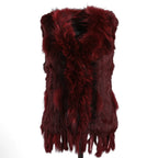 BOONJOVIA Women's 100% Real Rabbit Fur Knitted Vest Raccoon Fur Trim Collar Gilet Lady Fashion Waistcoat For Autumn Winter