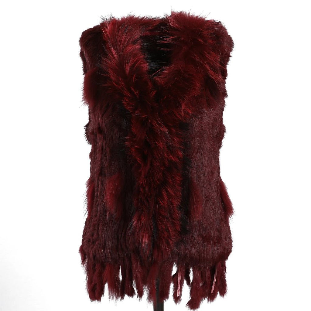 BOONJOVIA Women's 100% Real Rabbit Fur Knitted Vest Raccoon Fur Trim Collar Gilet Lady Fashion Waistcoat For Autumn Winter
