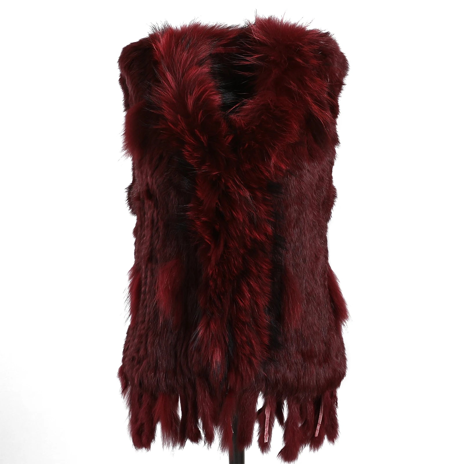 BOONJOVIA Women's 100% Real Rabbit Fur Knitted Vest Raccoon Fur Trim Collar Gilet Lady Fashion Waistcoat For Autumn Winter