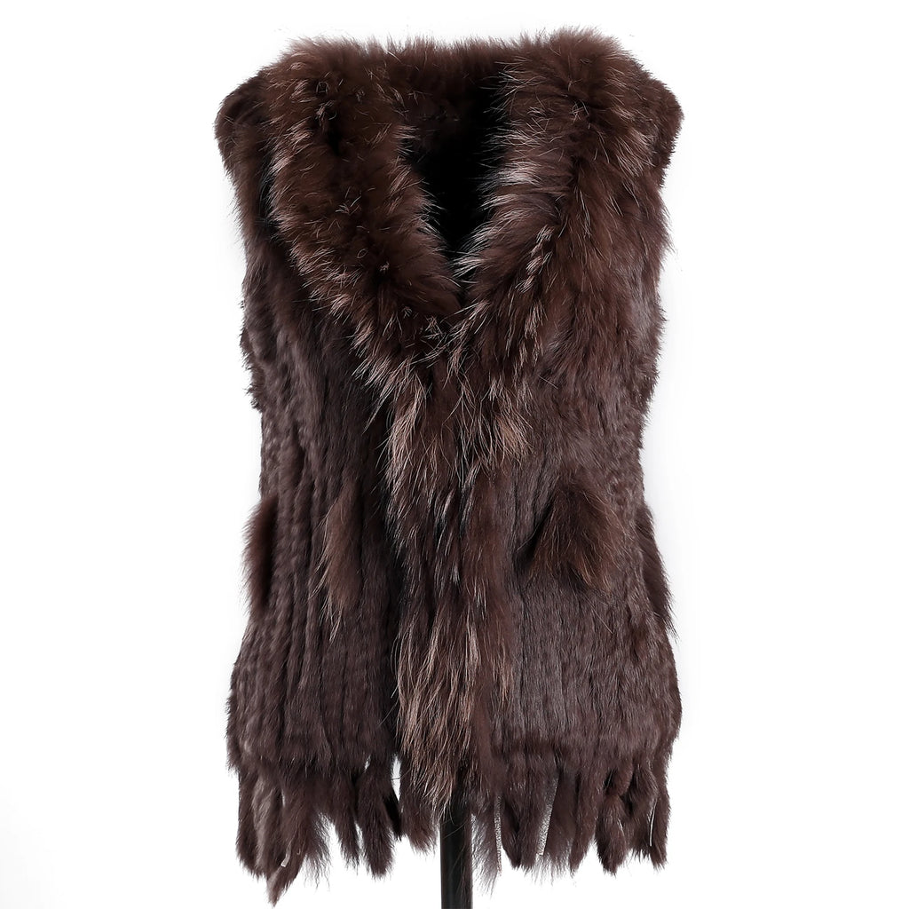 BOONJOVIA Women's 100% Real Rabbit Fur Knitted Vest Raccoon Fur Trim Collar Gilet Lady Fashion Waistcoat For Autumn Winter