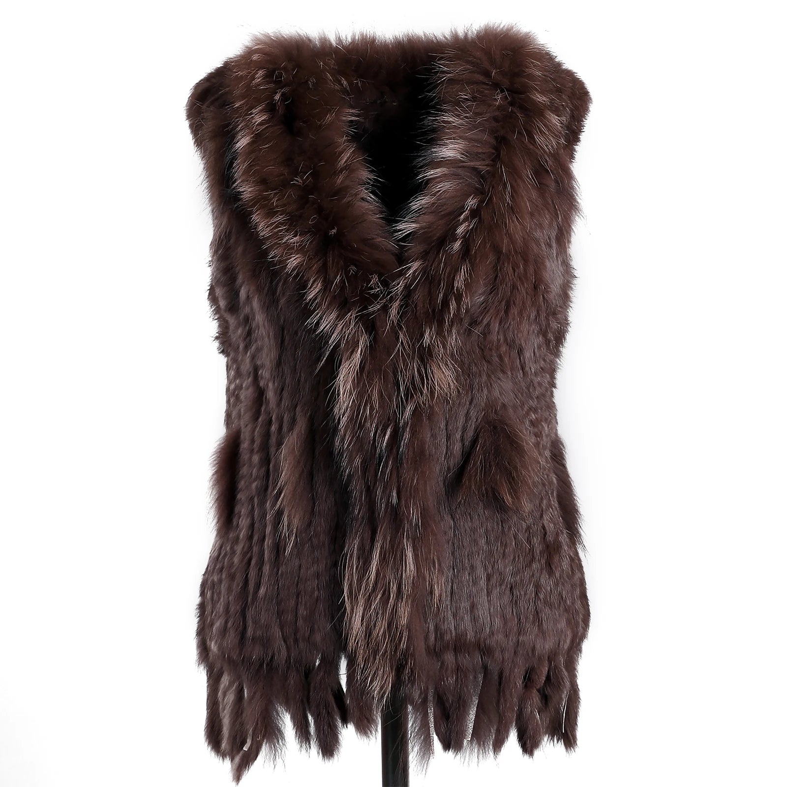 BOONJOVIA Women's 100% Real Rabbit Fur Knitted Vest Raccoon Fur Trim Collar Gilet Lady Fashion Waistcoat For Autumn Winter